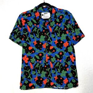 Target S Button Down Blue Floral Abstract Print Summer Festival Boho Funky Retro